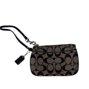 Coach Signature Monogram Black and Tan Wristlet with Blue Interior